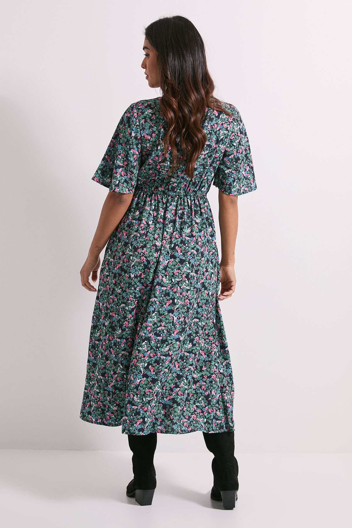 Dorothy Perkins Petite Ditsy Twist Front Angel Sleeve Midi Dress Floral image 3