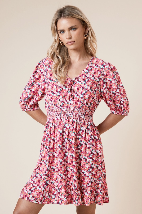 Dorothy Perkins Petite Floral Tie Front Frill Sleeve Mini Dress Pink