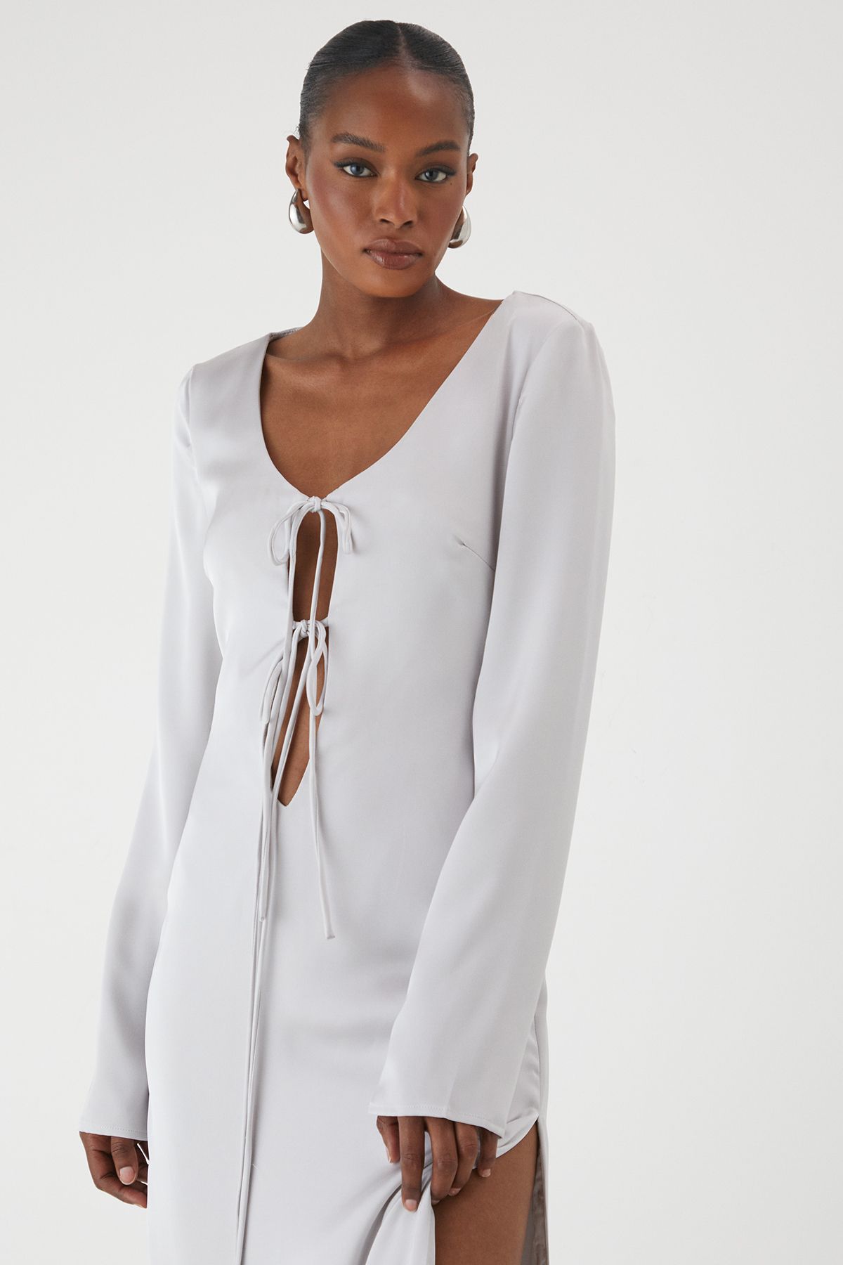 MissPap Premium Satin Tie Front Long Sleeve Maxi Dress Silver image 2