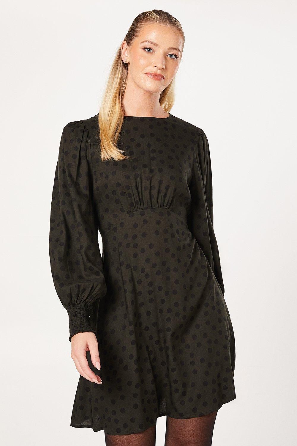 Dorothy Perkins Khaki Spot Shirred Cuff Mini Dress Khaki image 4
