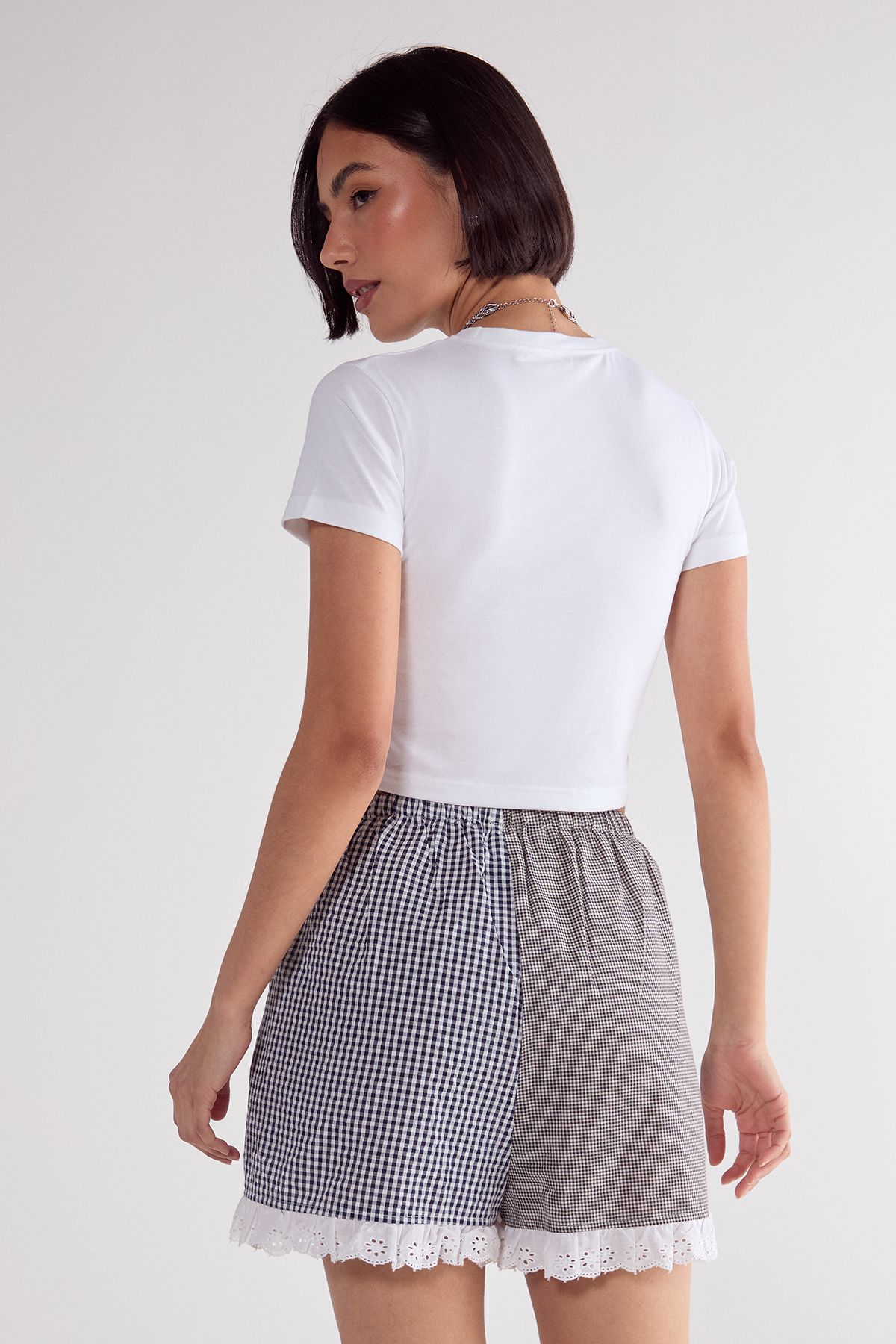 NastyGal Gingham Mix Broderie Ruffle Hem Shorts Mono image 4