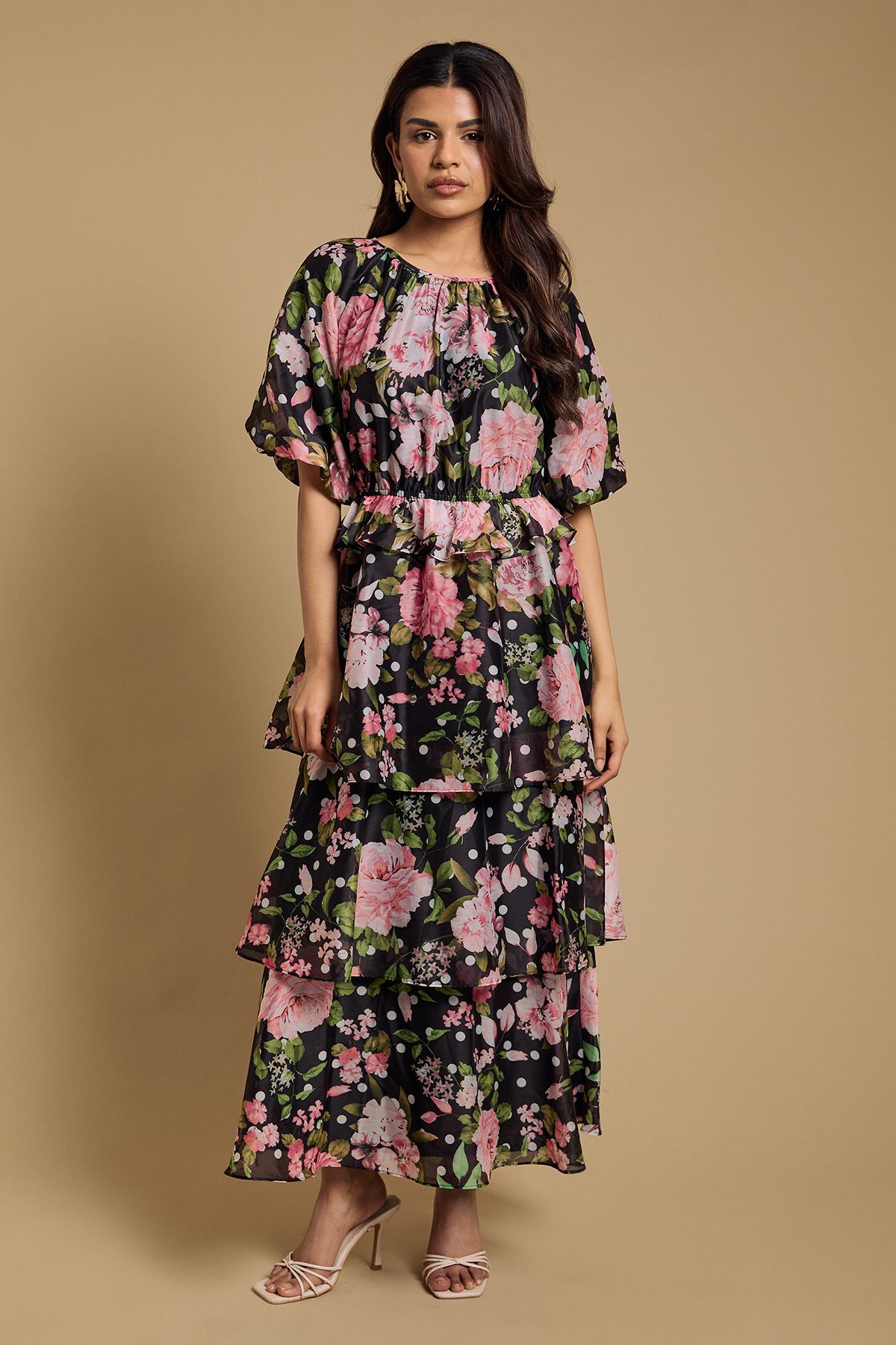 Oasis Petite Shirred Bodice Puff Sleeve Tiered Midi Dress Black image 1