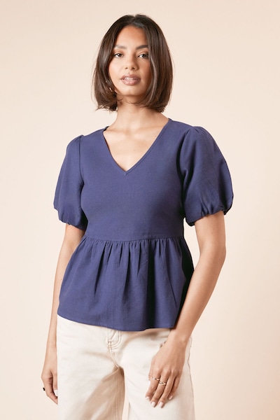 Dorothy Perkins Tie Back Puff Sleeve Linen Blouse Navy