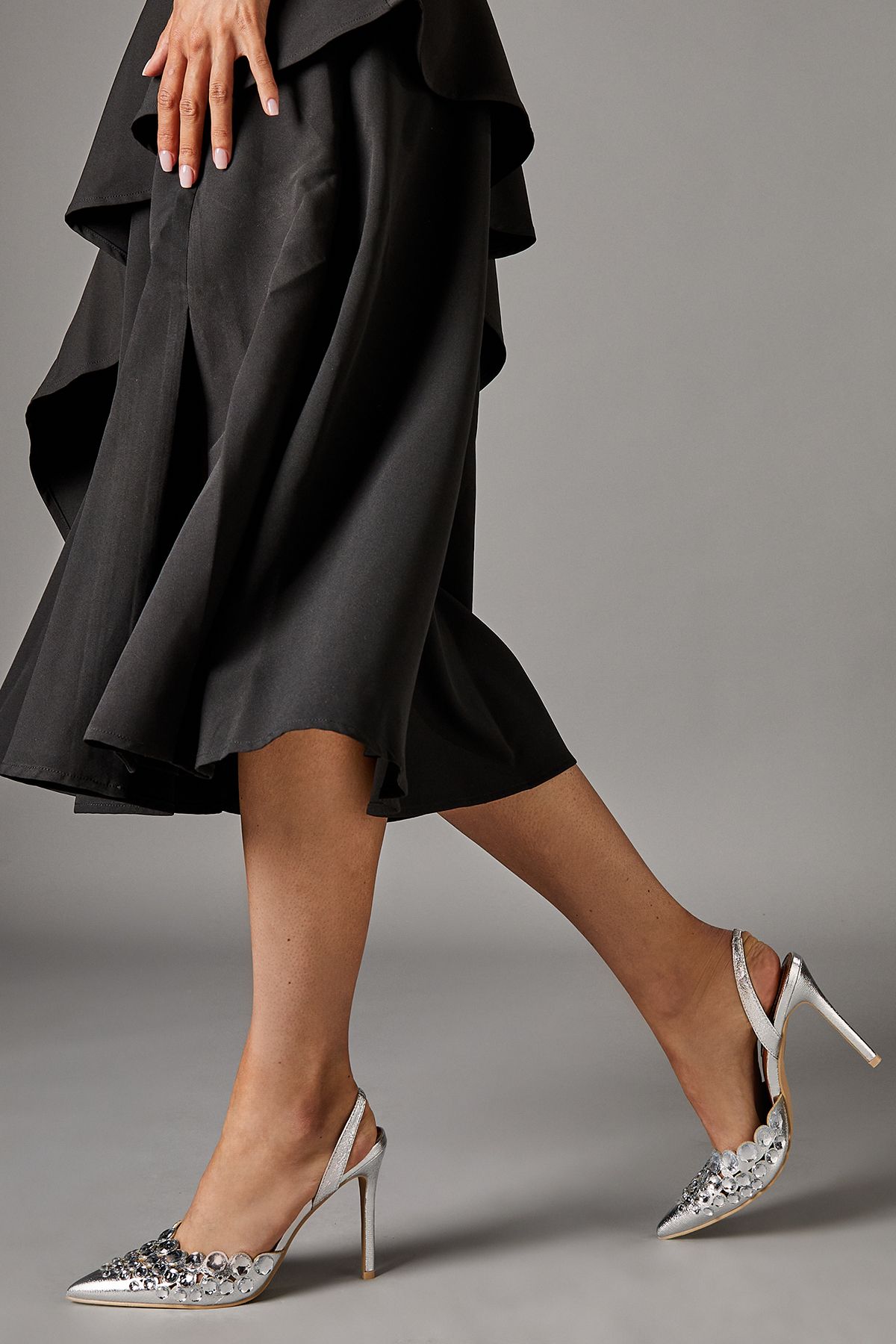 Coast Catalina Metallic Textile Embellished Slingback Very High Stiletto Heel Court Shoes Silver image 2