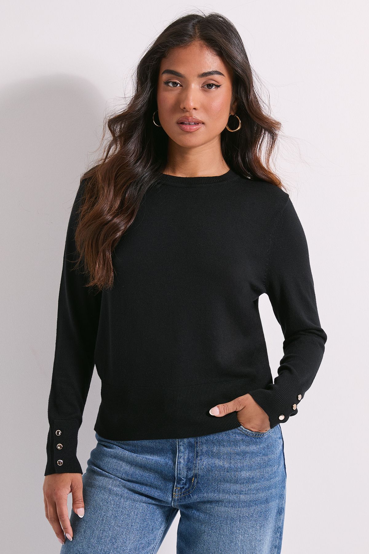 Dorothy Perkins Petite Black Crew Neck Button Cuff Jumper Black image 1