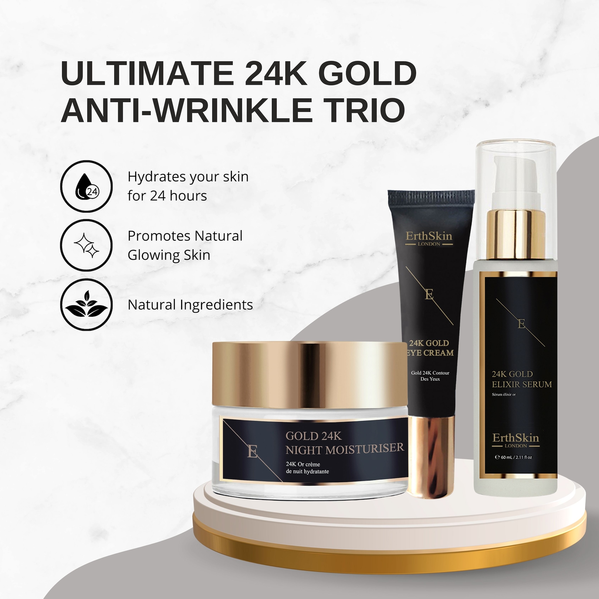 Erth Skin London 24K Gold Anti-Wrinkle Trio: Serum, Night Cream & Eye Cream image 2
