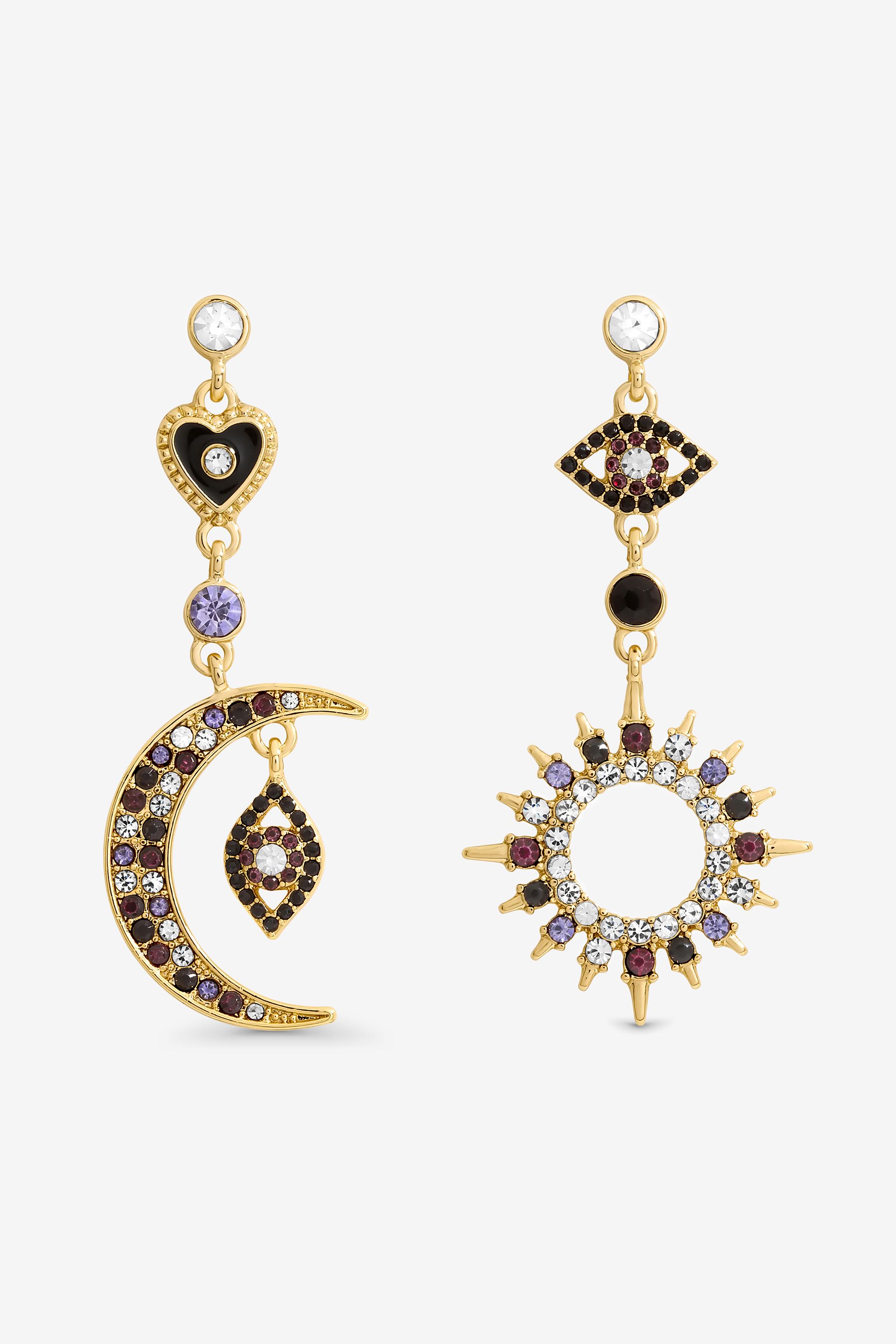 Mood Gold & Multi Colour Crystal Mismatch Celestial Earrings
