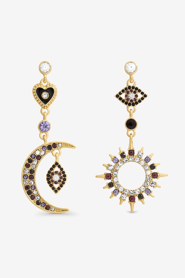 Mood Gold & Multi Colour Crystal Mismatch Celestial Earrings