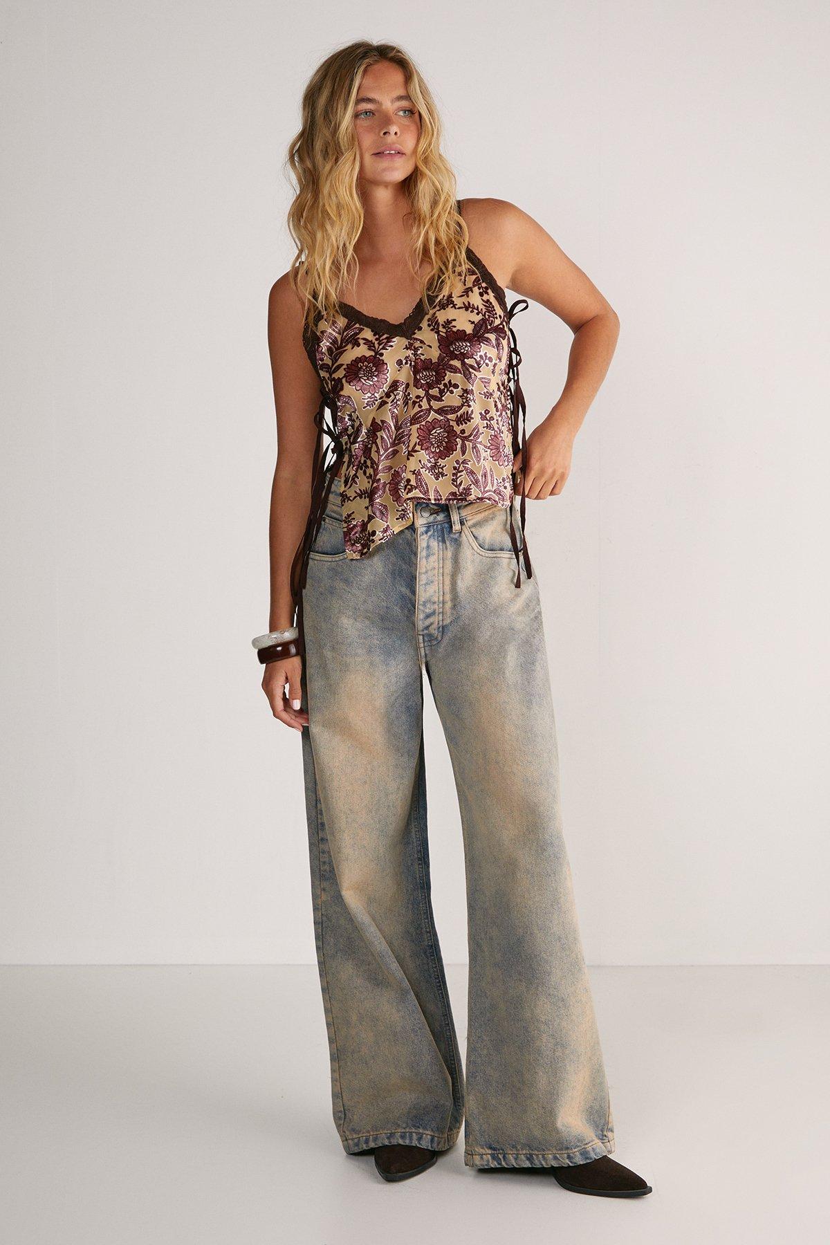 NastyGal Floral Devore Lace Trim Tie Side Cami Top Tan image 2