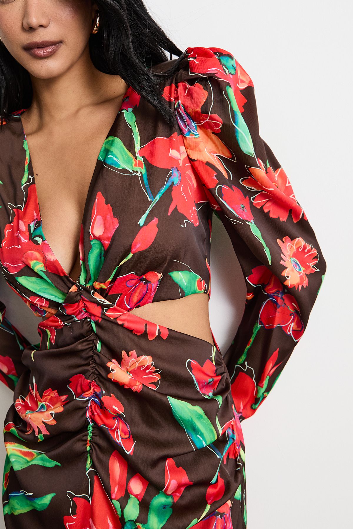 Warehouse Satin Cut Out Waist Plunge Neck Midi Dress Chocolate image 4