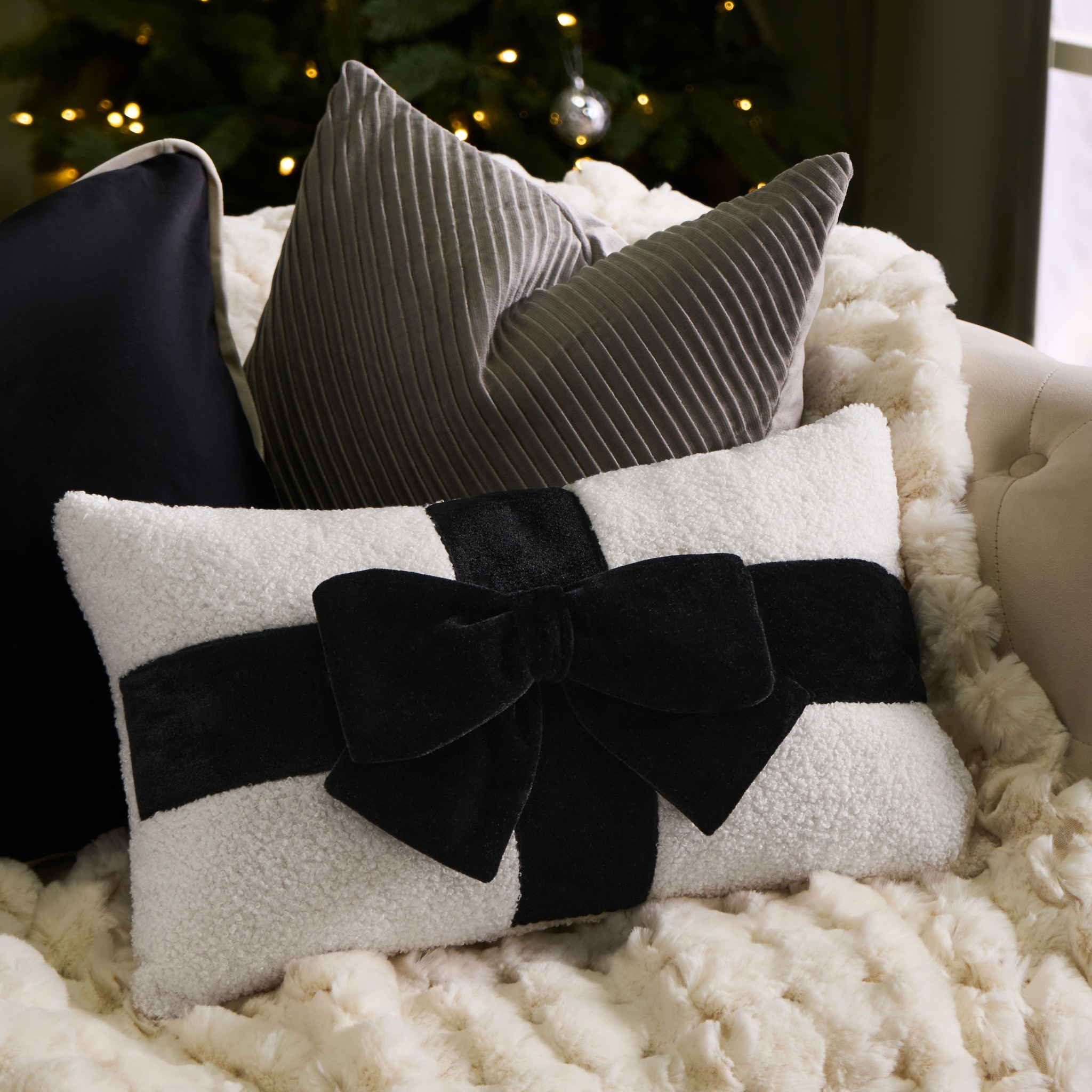 OHS Bow Wrapped Boucle Throw Pillow Scatter Cushion