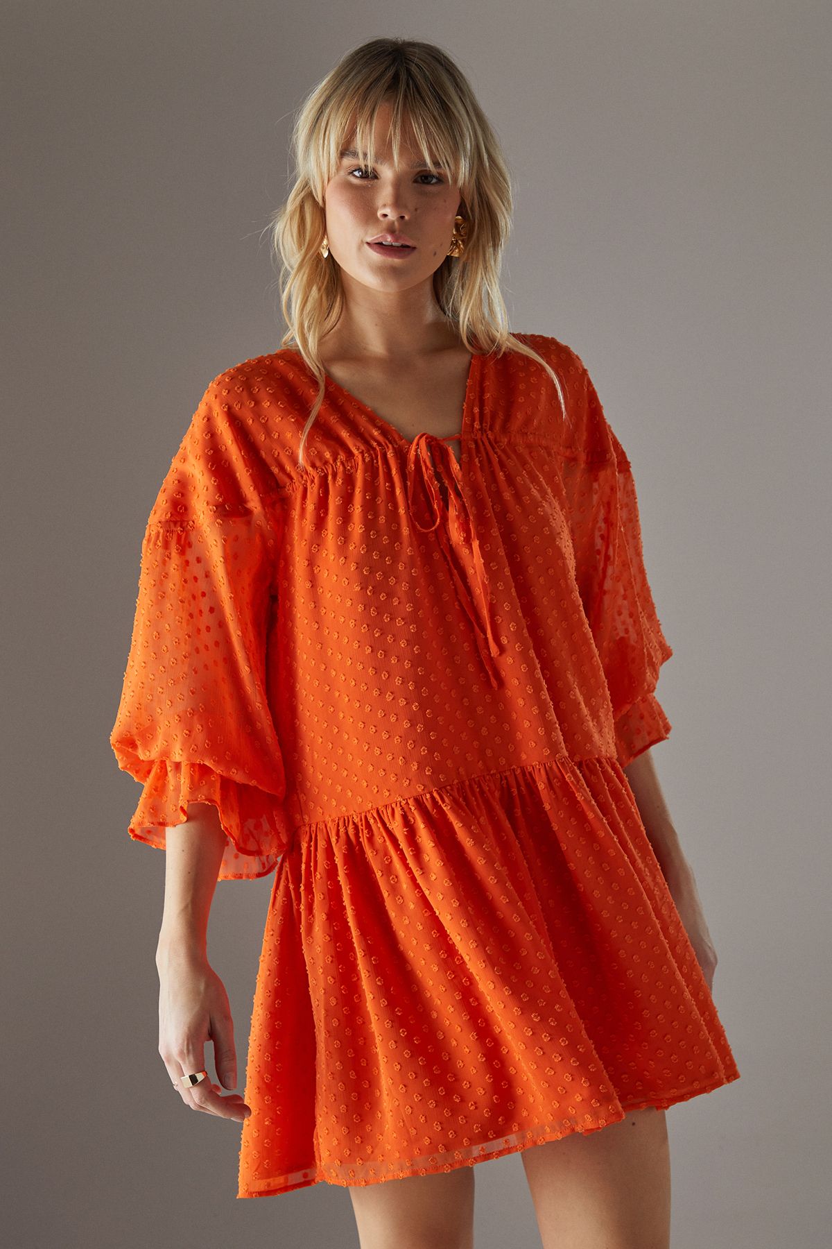 Warehouse Dobby Chiffon Volume Sleeve Smock Mini Dress Orange image 3