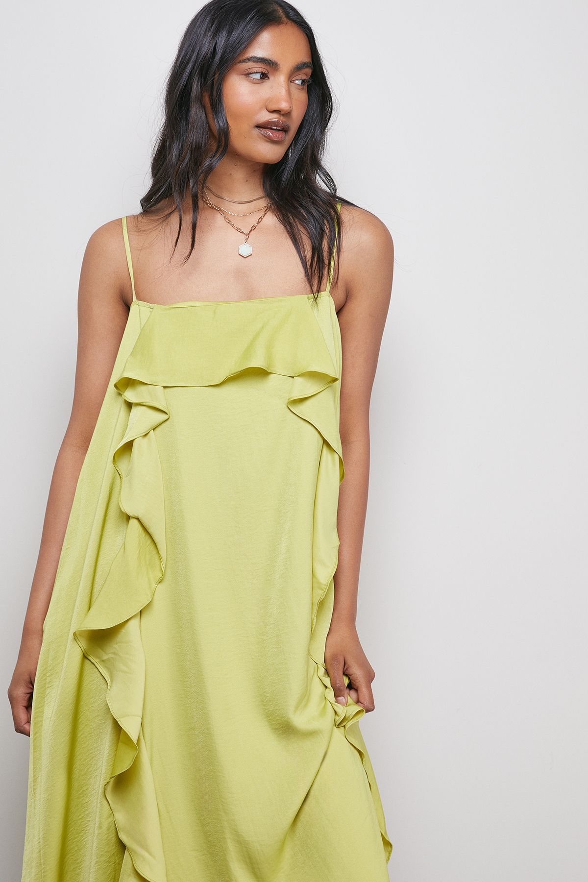 Warehouse Satin Strappy Ruffle Midi Dress Chartreuse image 2