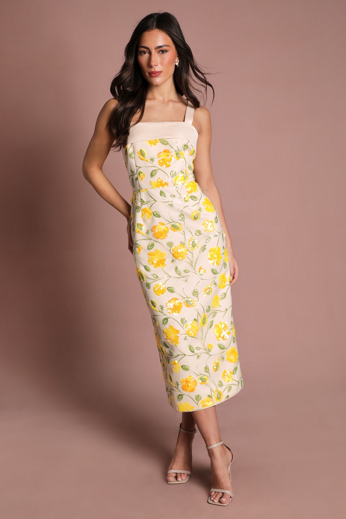 Coast Coast Muse Sequin Floral Pencil Dress Yellow