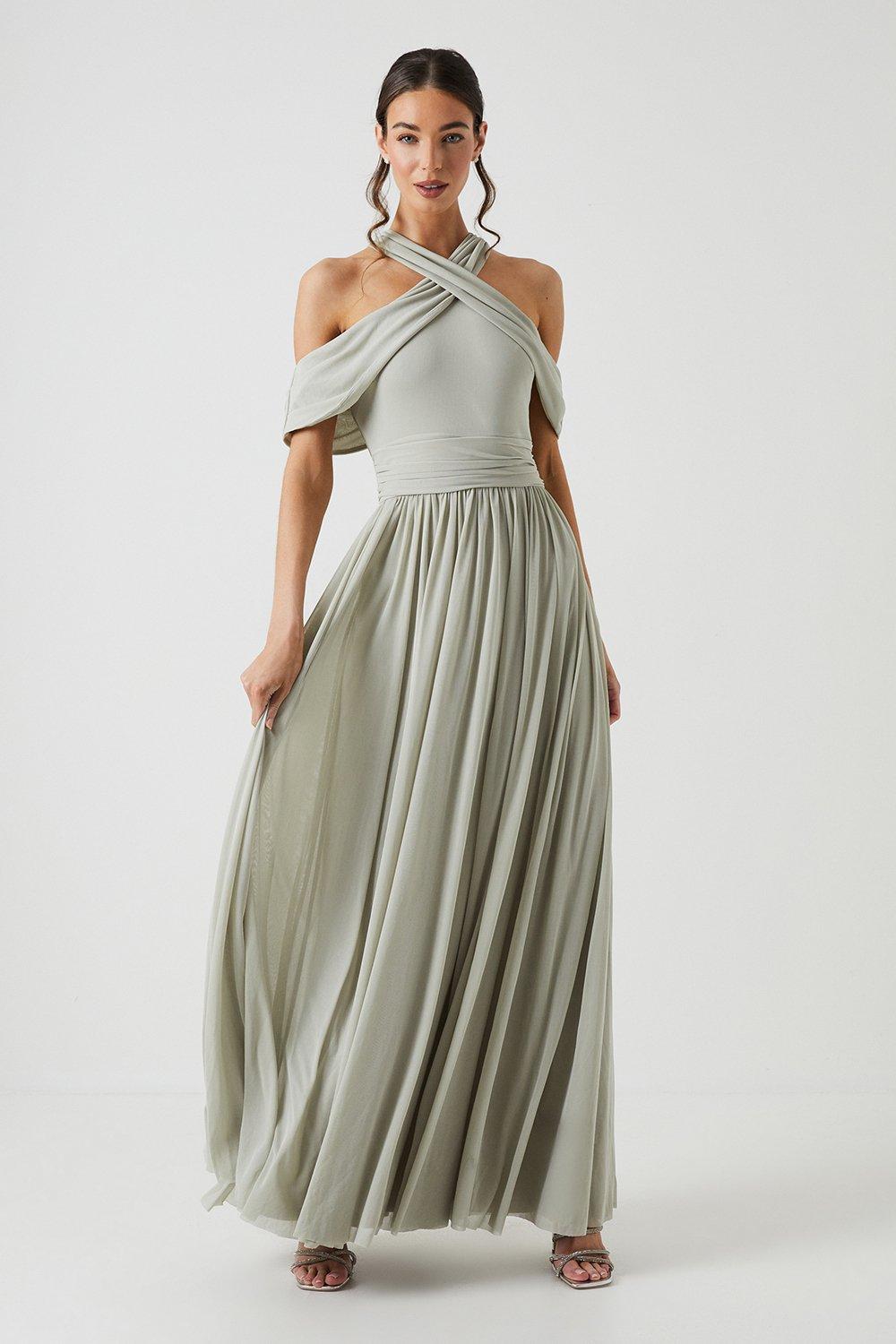 Coast Cross Neck Cold Shoulder Stretch Mesh Bridesmaid Dress Sage image 1