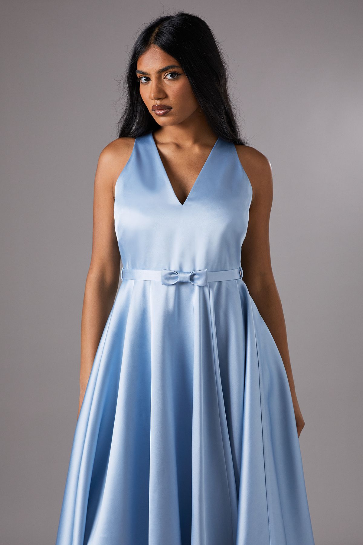 Coast Petite V Neck Sleeveless Bow Detail Twill Midi Dress Blue image 2