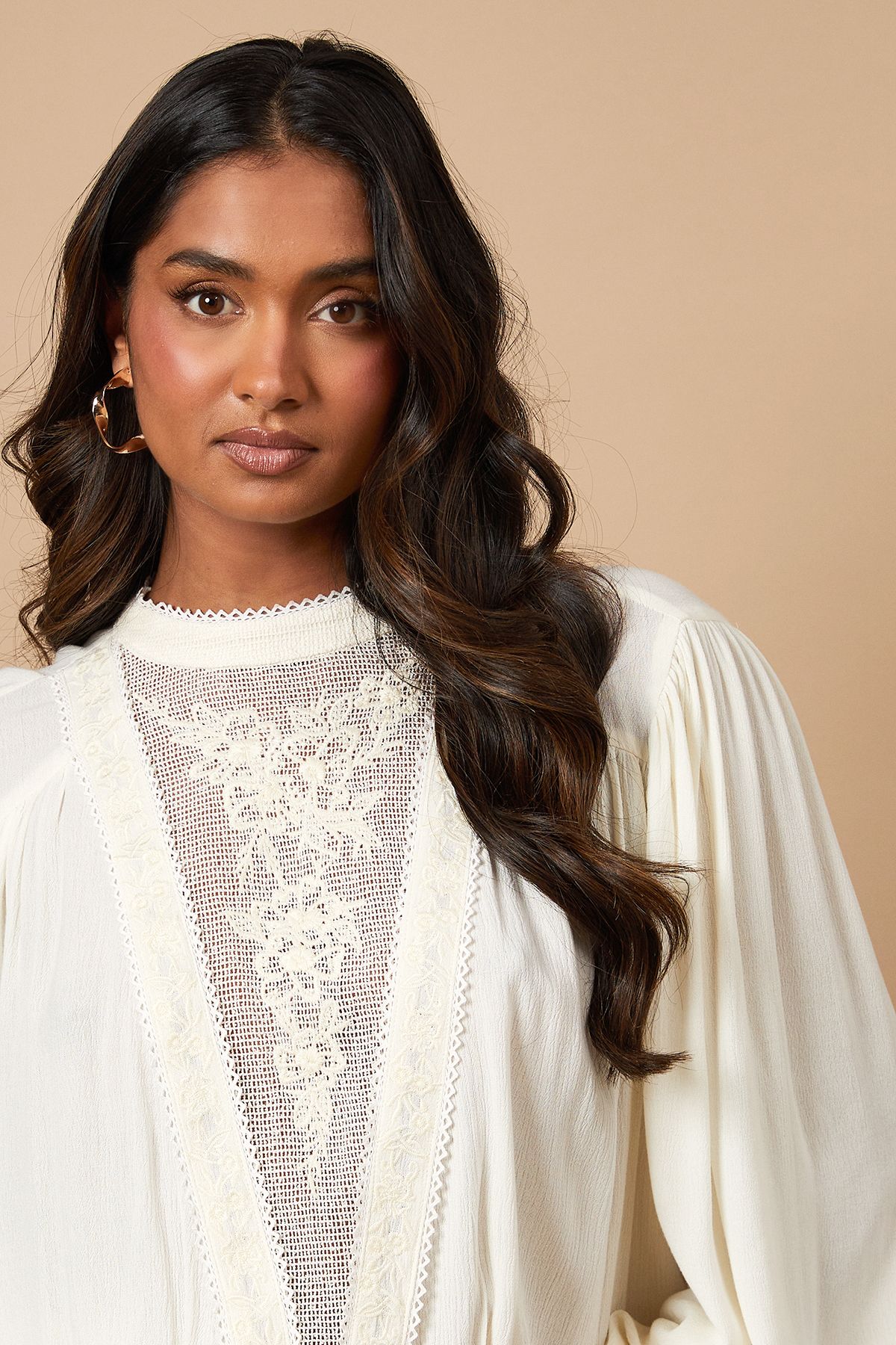 Oasis High Neck Lace Embroidered Long Sleeve Blouse Cream image 2