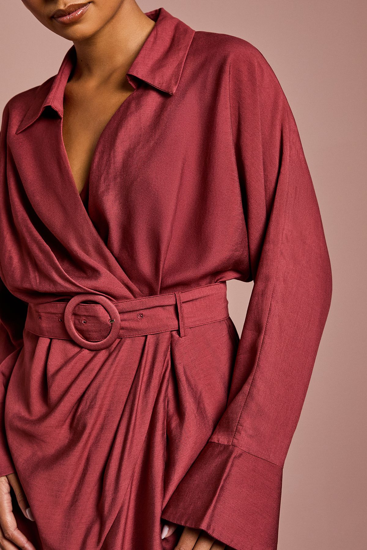 Coast Petite Twill Long Sleeve Wrap Dress With Belt Burgundy image 5