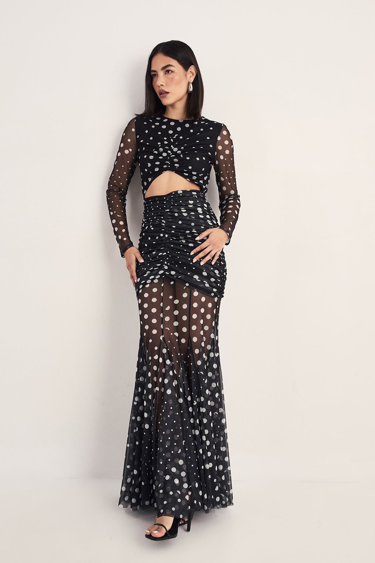 NastyGal Mesh Cut Out Polka Dot Print Maxi Dress Mono image 2