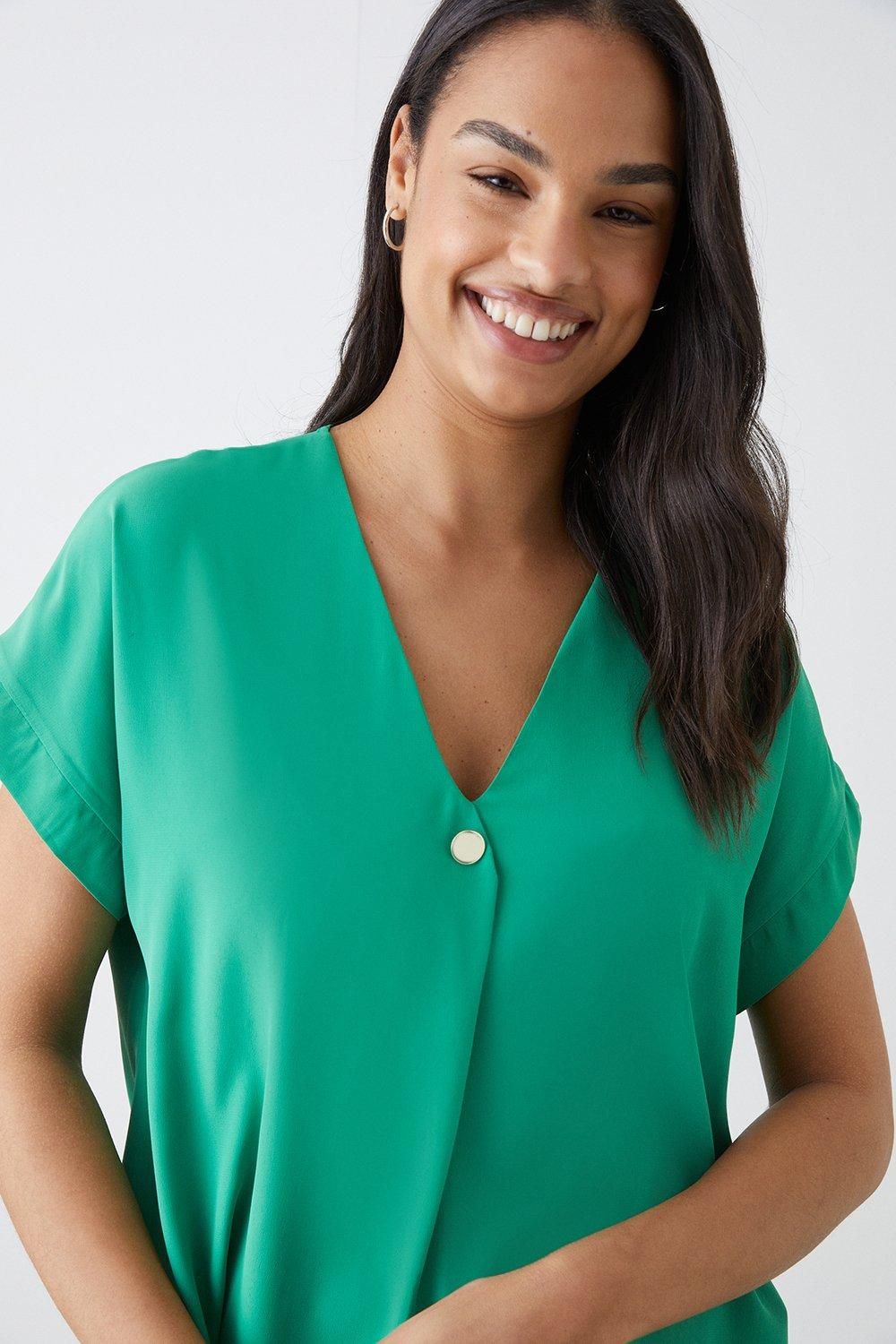 Dorothy Perkins Button Front Roll Sleeve Blouse Emerald