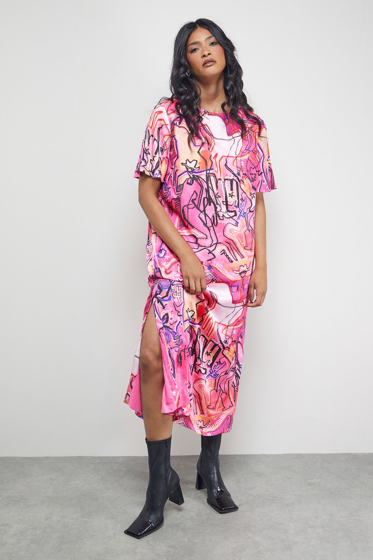 Warehouse Tony Satin Oversized T-Shirt Midi Dress Multi image 5