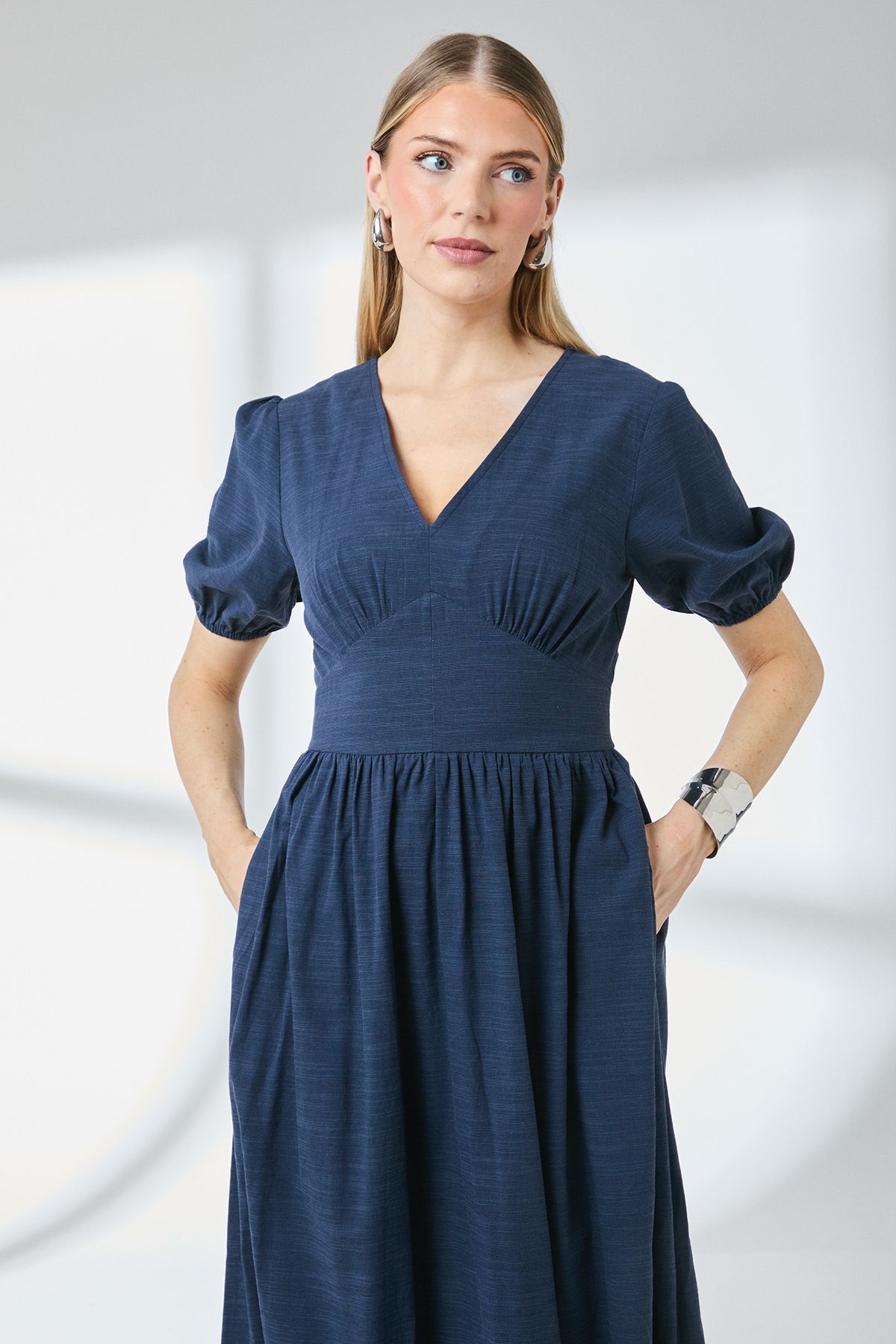 Principles Navy Linen Look V-Neck Midi Dress Navy image 2