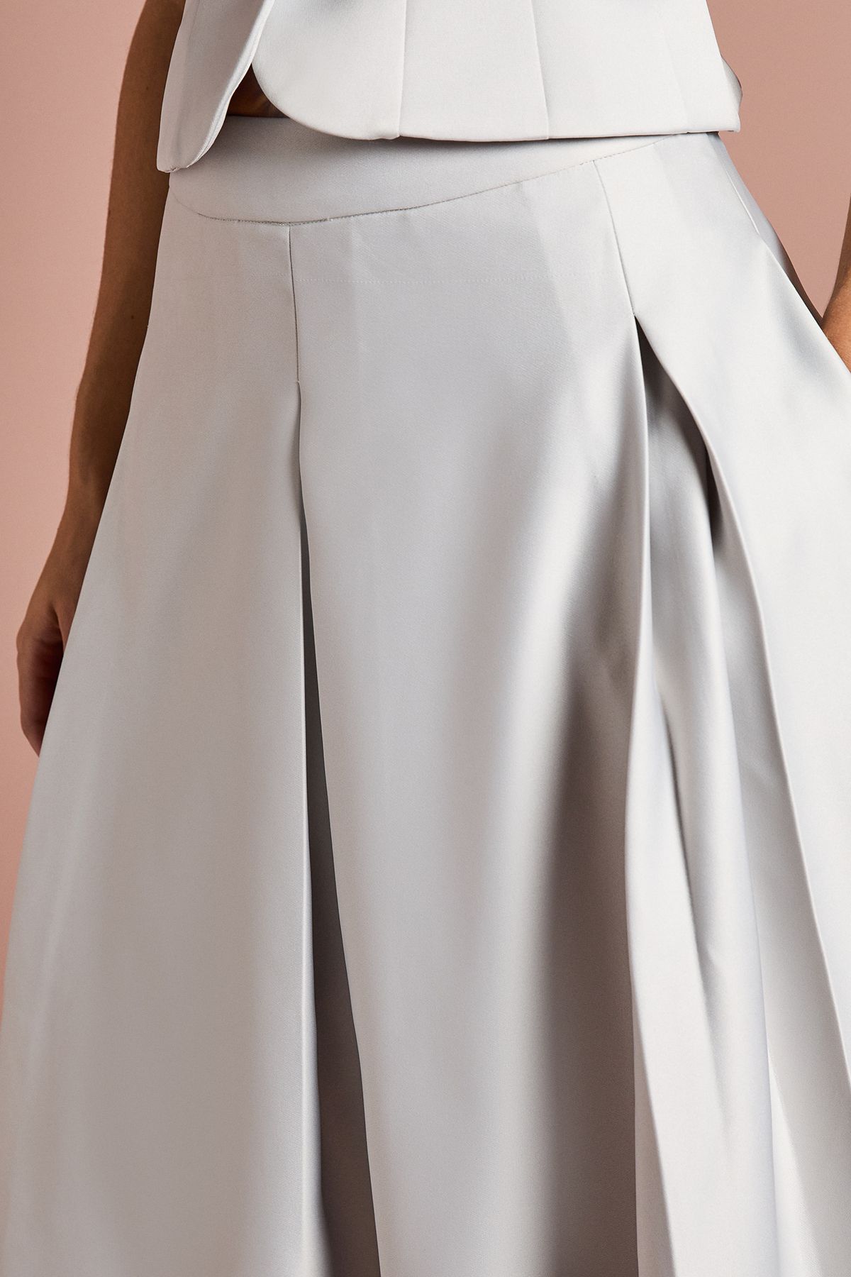 Coast Satin Pleat Front Midi Full Skirt Silver image 4