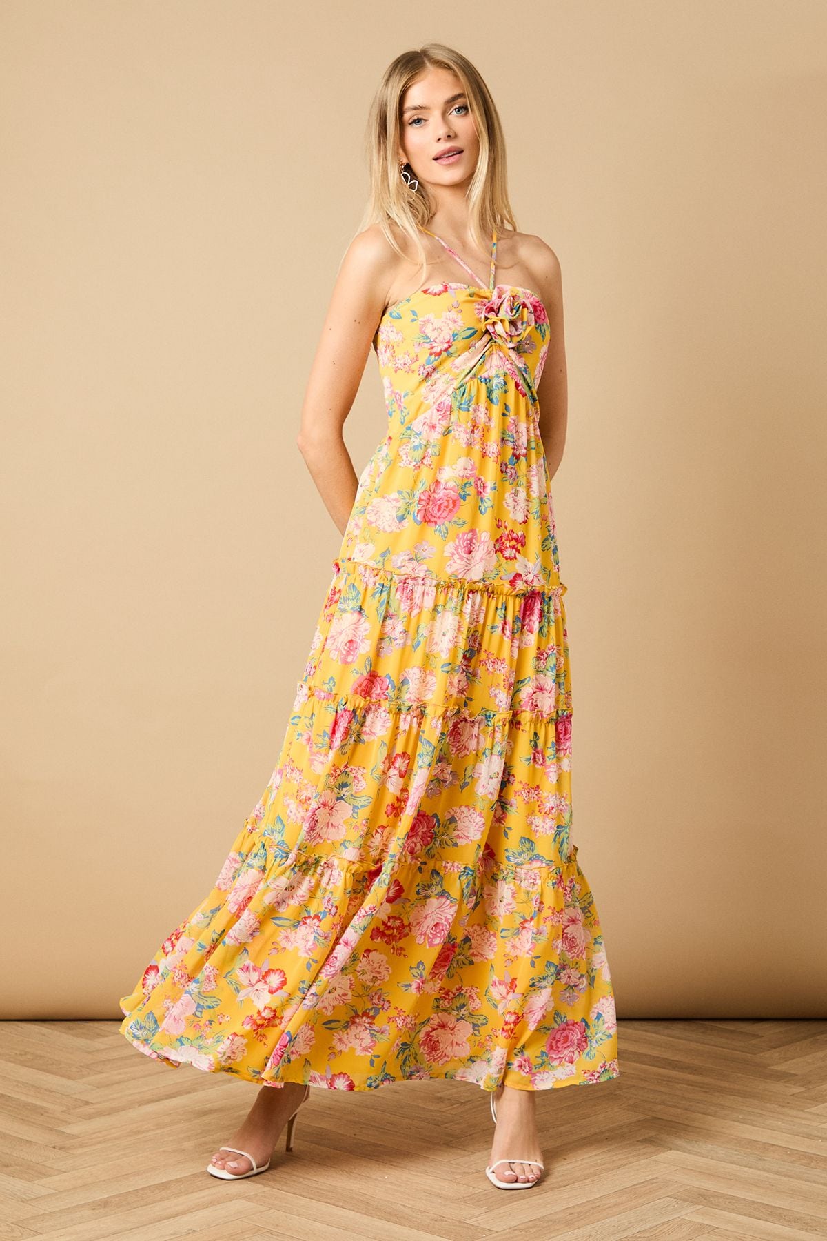 Oasis Rosette Detail Halterneck Midi Dress Yellow image 1