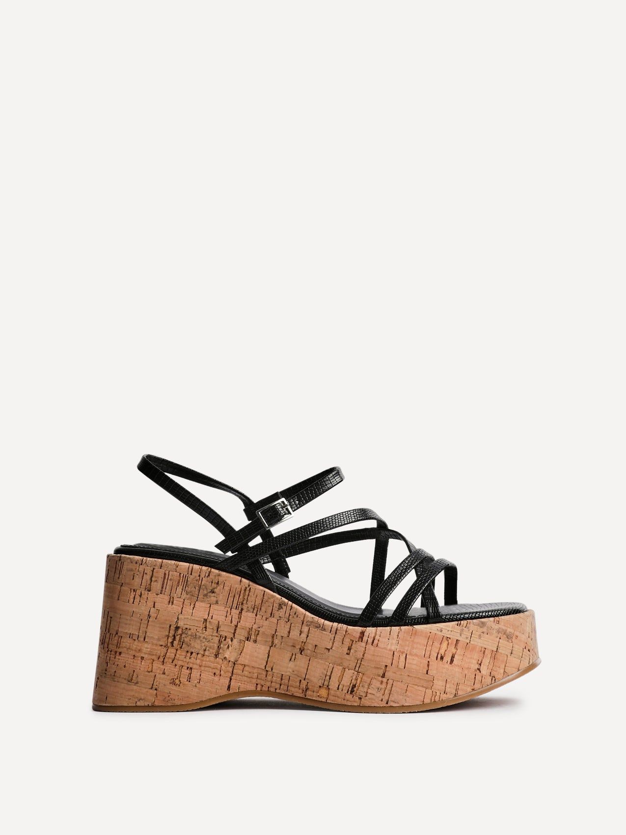 Linzi Orbit Black Faux Lizard Strappy Cork Flatform Sandal image 1