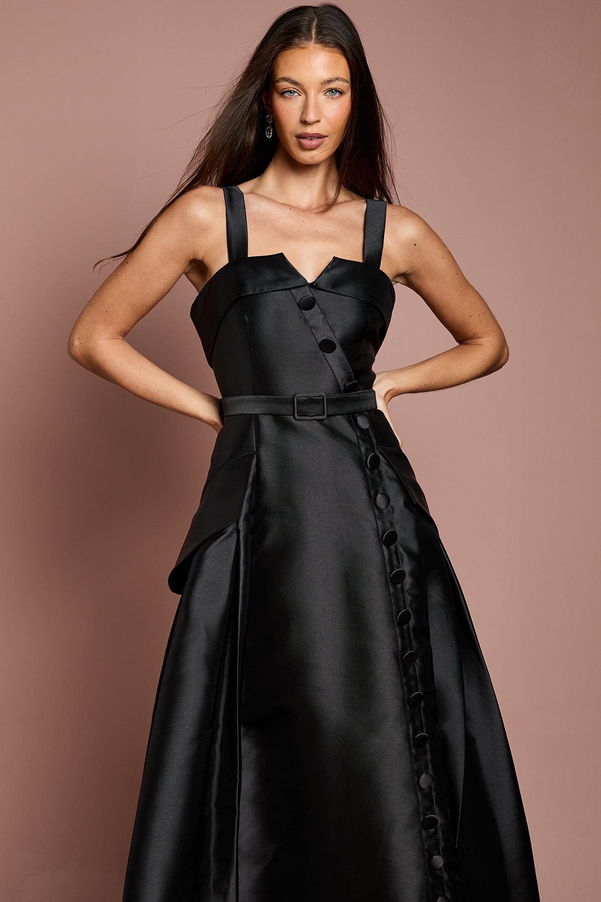 Coast Lisa Tan Twill Volume Belted Midi Dress Black image 2