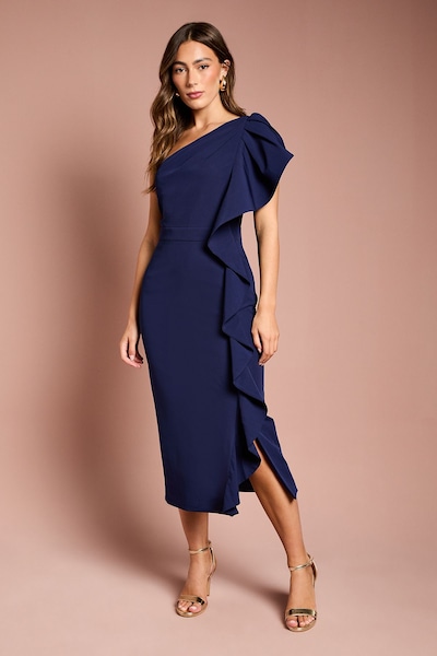 Coast One Shoulder Ruffle Crepe Pencil Midi Dress Navy