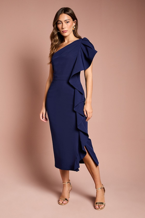 Coast One Shoulder Ruffle Crepe Pencil Midi Dress Navy