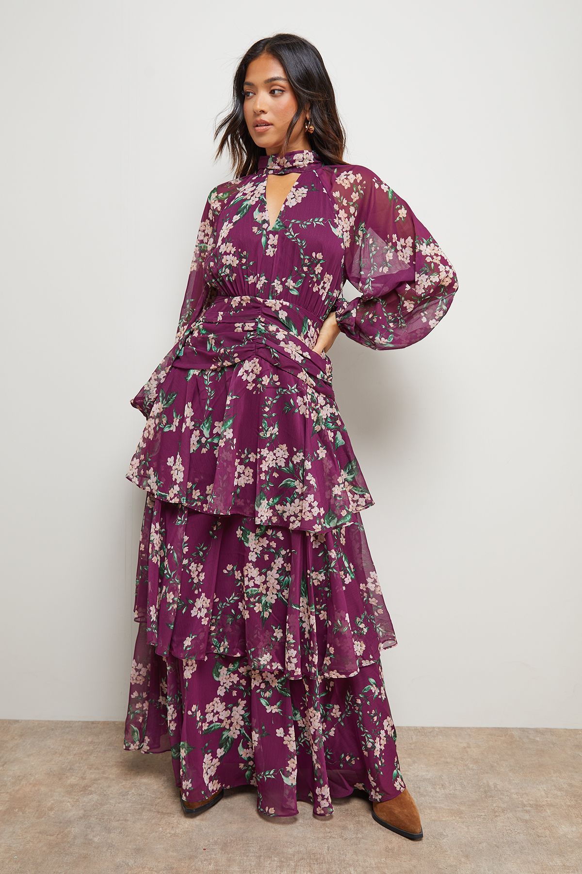Oasis Petite Printed Ruffle Tiered High Neck Maxi Dress Purple image 1
