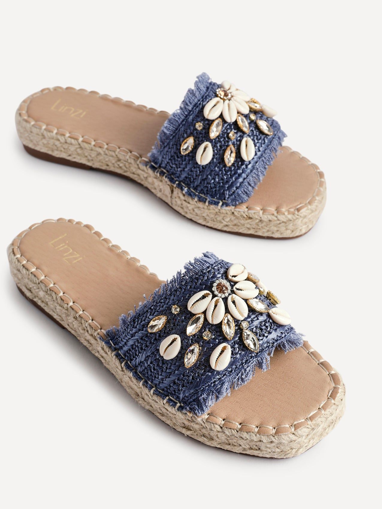 Linzi Seaside Blue Raffia Shell Embellished Flat Slider image 4