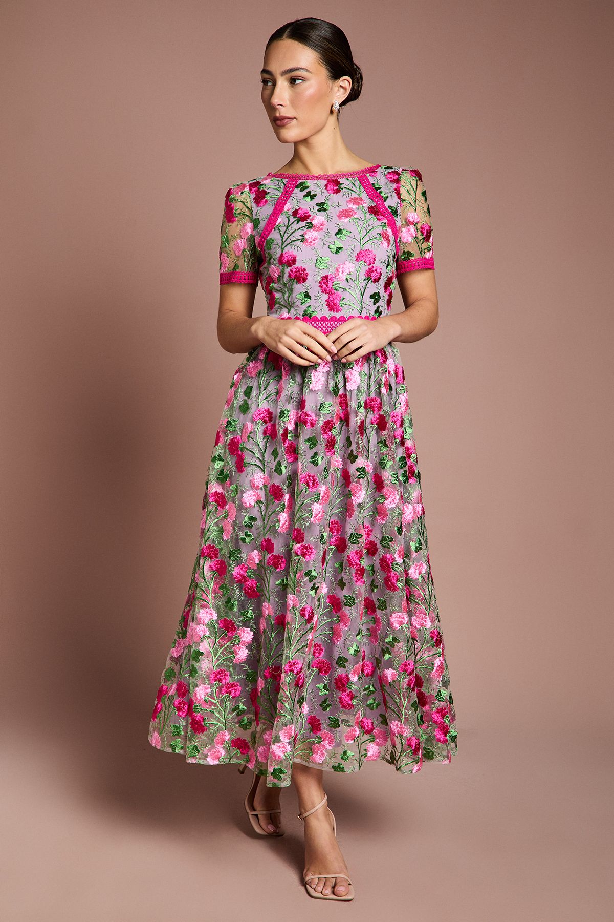 Coast Lace Trim Detail Embroidered Mesh Midi Dress Pink image 1