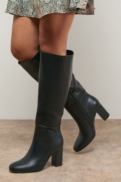 Oasis Tamsin Faux Leather Stacked High Block Heel Knee Boots Black