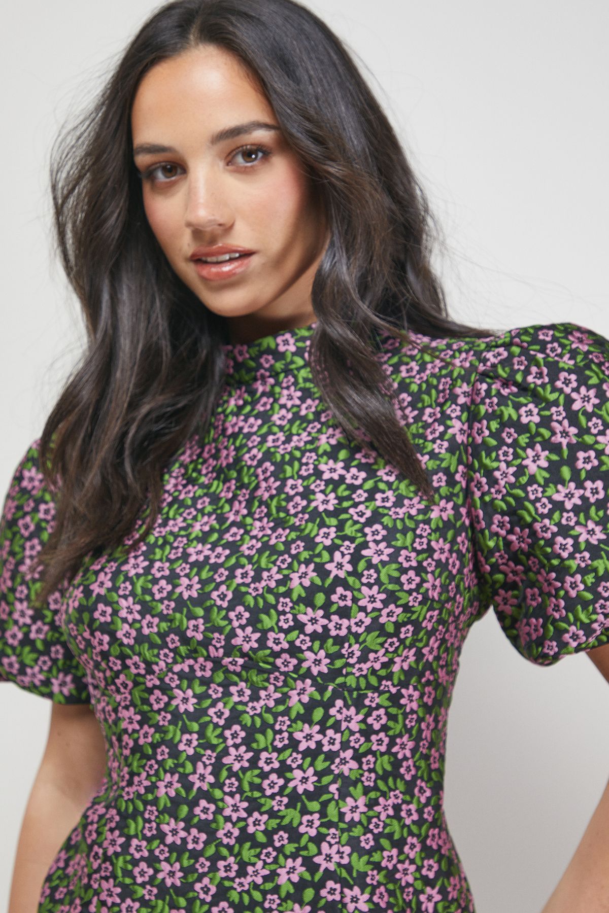 Oasis Floral Jacquard High Neck Puff Sleeve Peplum Mini Dress Black image 4