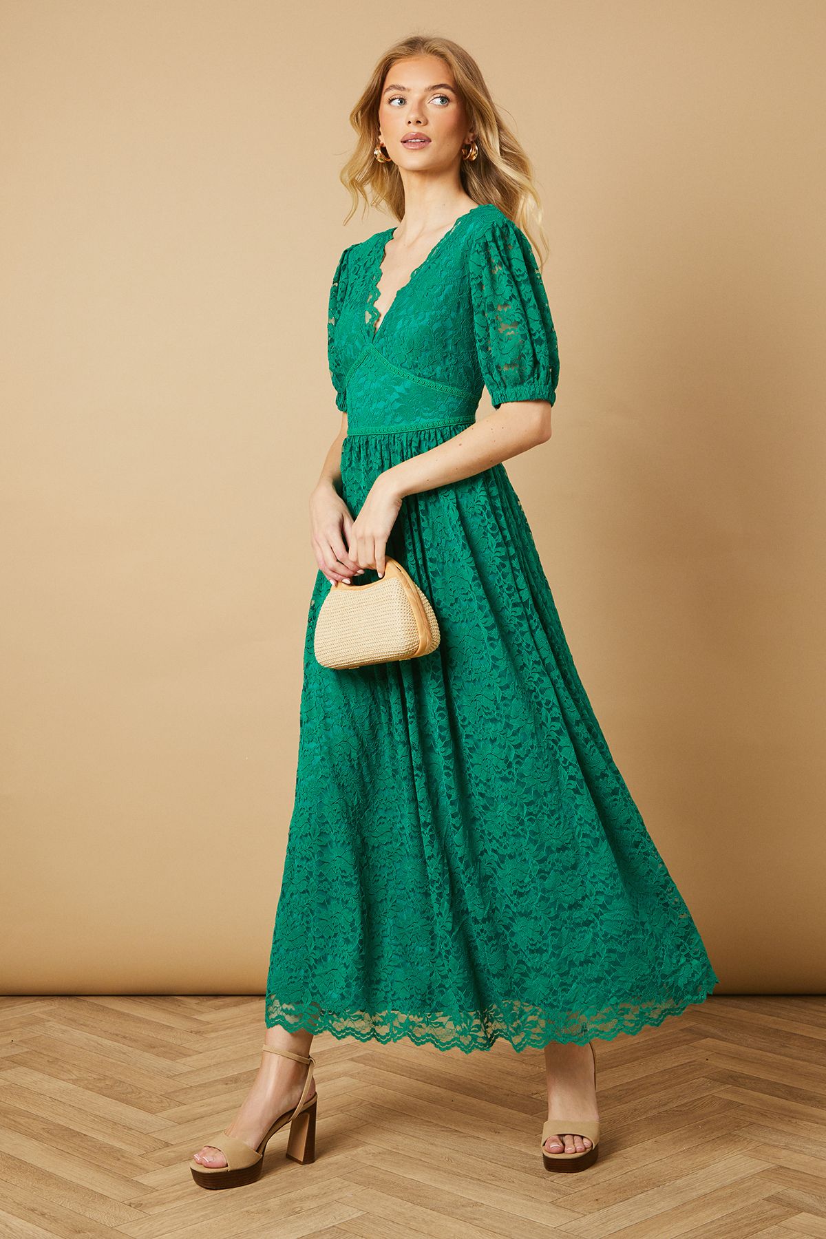 Oasis Lace Puff Sleeve V Neck Midaxi Dress Green image 1