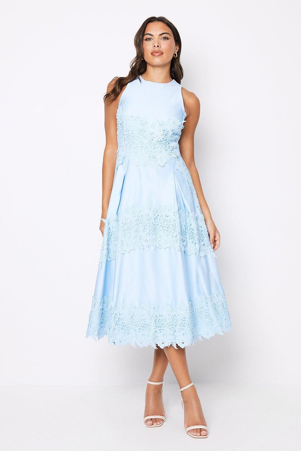 Occasa Long Sleeve Sheer Detail Knitted Midi Dress Pl-Blue