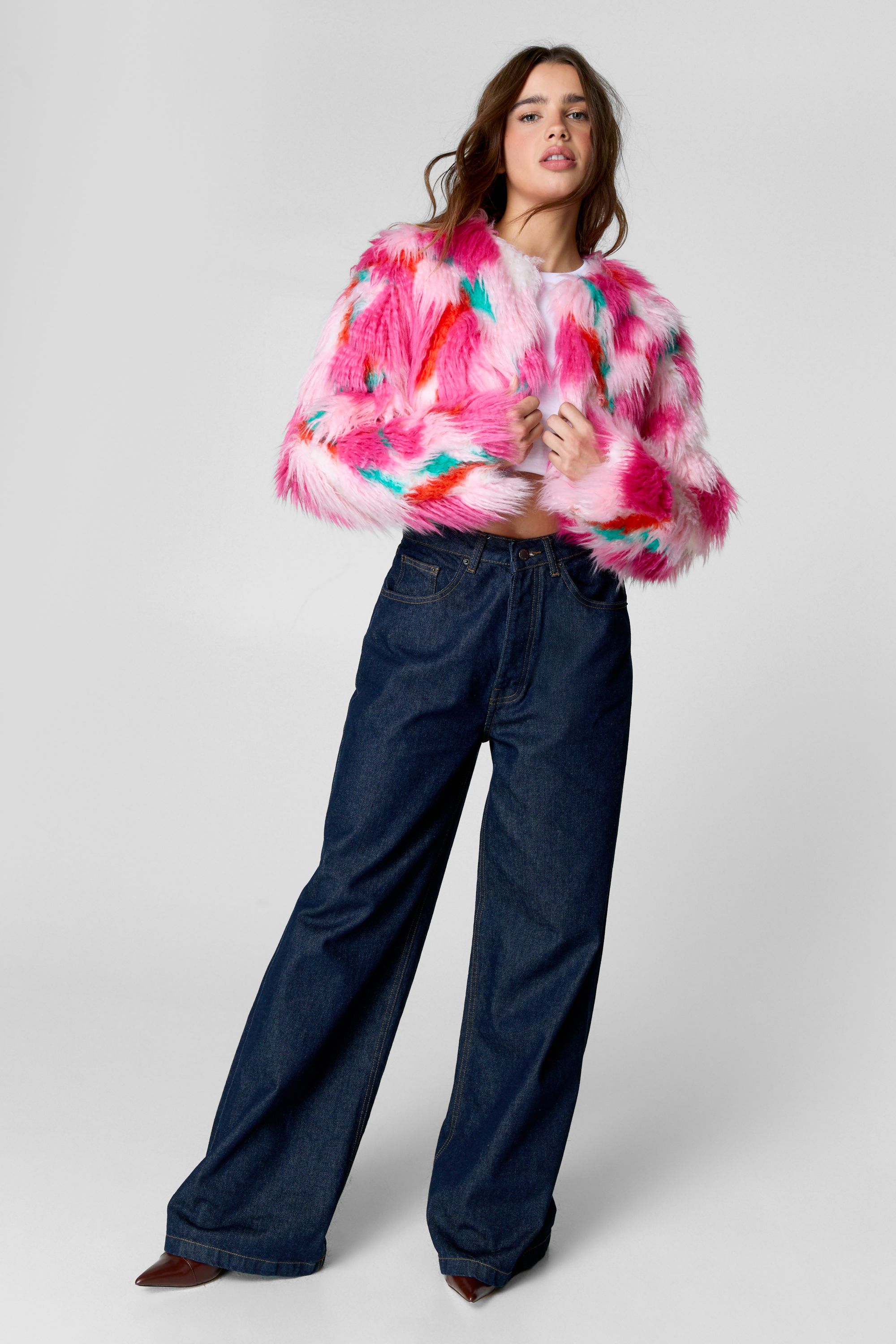 NastyGal Premium Patchwork Faux Fur Cropped Coat Pink image 2