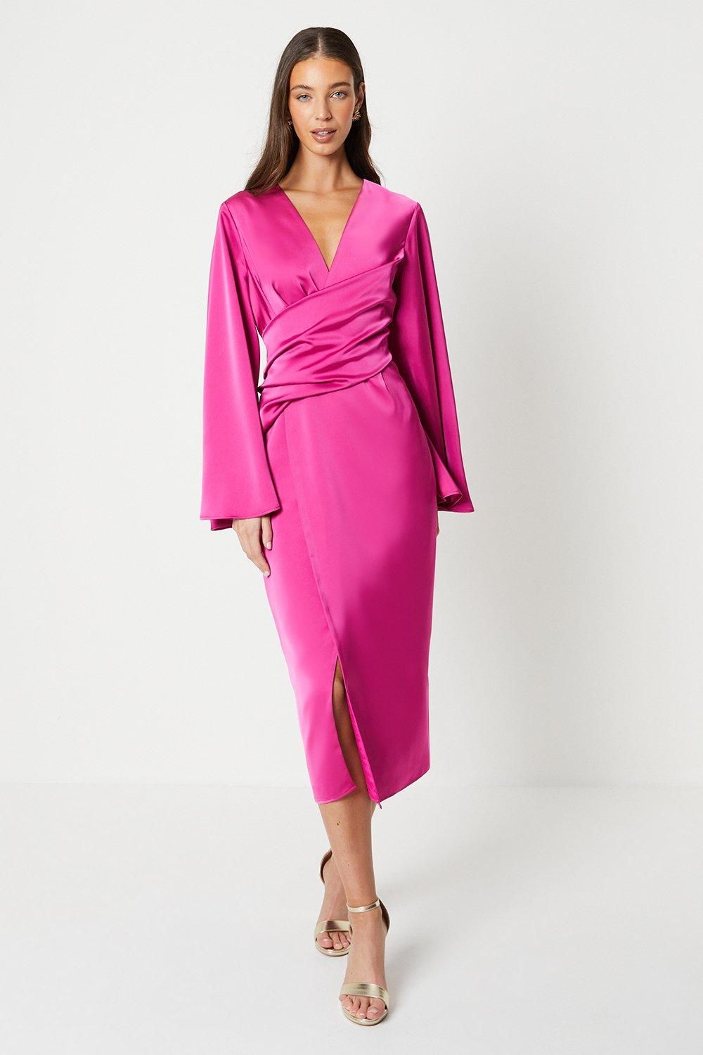 Coast Satin Wrap Dress With Flare Sleeve Berry image 1