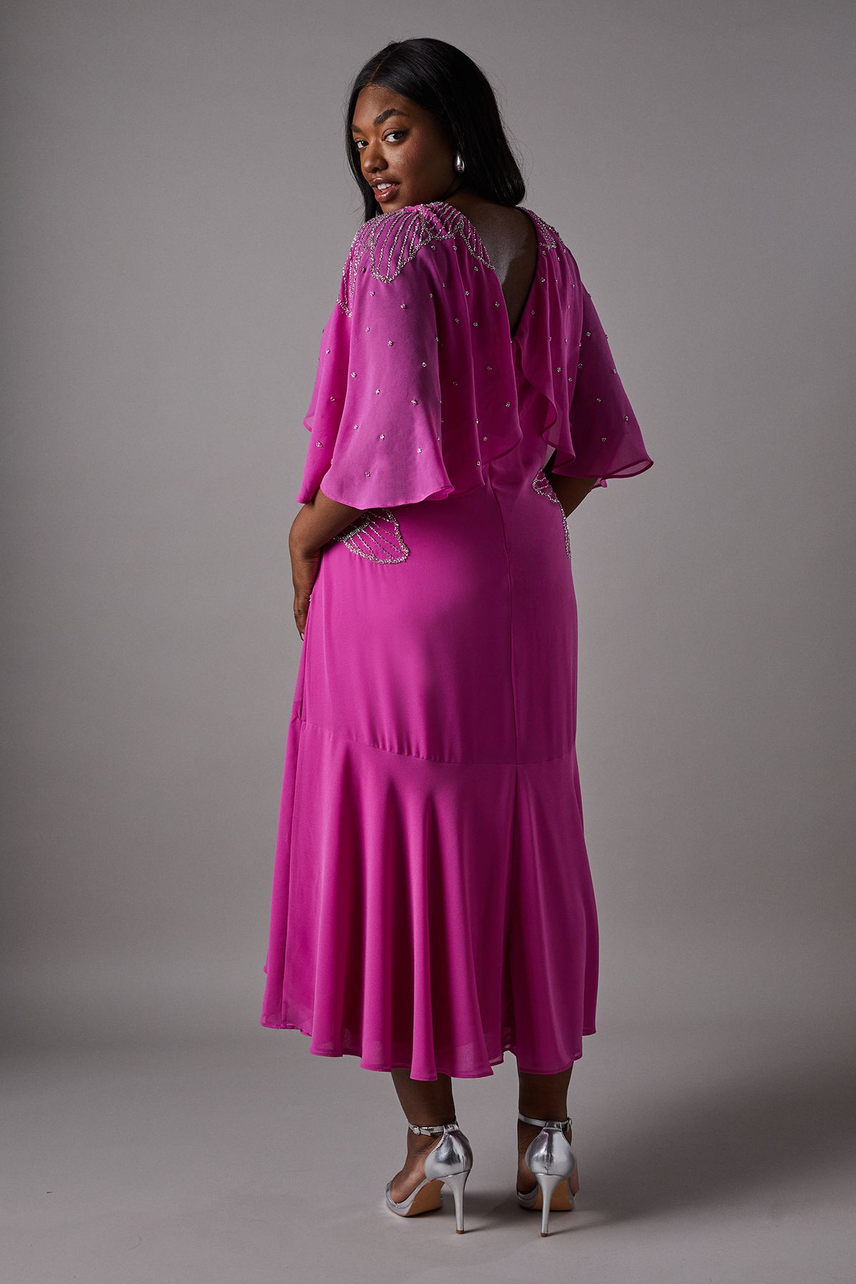 Coast Plus Embellished Midi Dress With Cape Sleeves Pink image 5