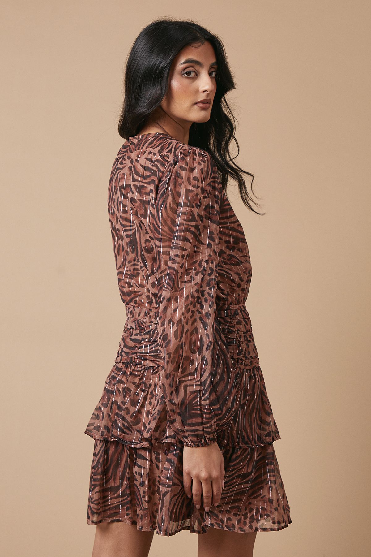 Oasis Animal Chiffon Gathered Ruched Mini Dress Animal image 4