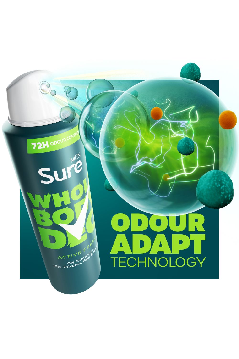 Sure Whole Body 'Deodorant Spray' Active Fresh w/ 72H Odour free 150ml, 3pk image 2