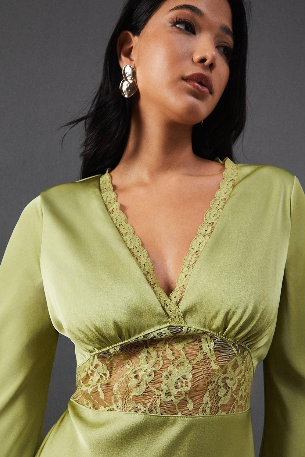 Warehouse Satin Lace Insert Flute Sleeve Midi Dress Olive image 2
