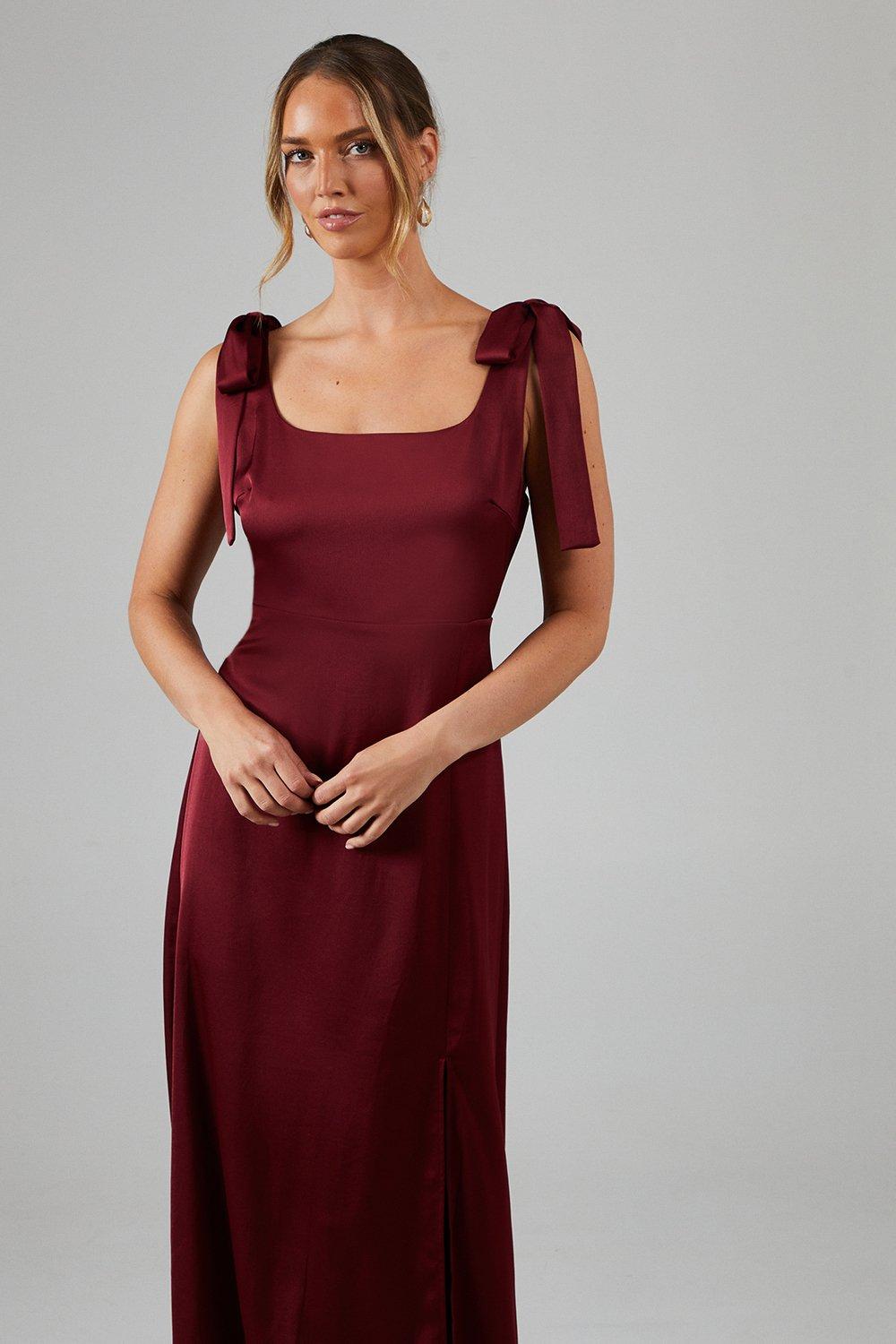 Oasis Satin Tie Shoulder Midi Bridesmaids Dress Wine image 2