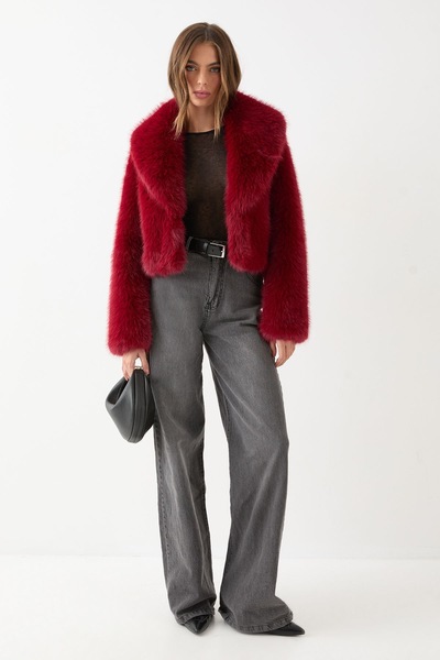 MissPap Faux Fur Cropped Collar Jacket Red