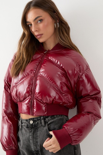 MissPap Premium High Shine Cropped Puffer Coat Wine