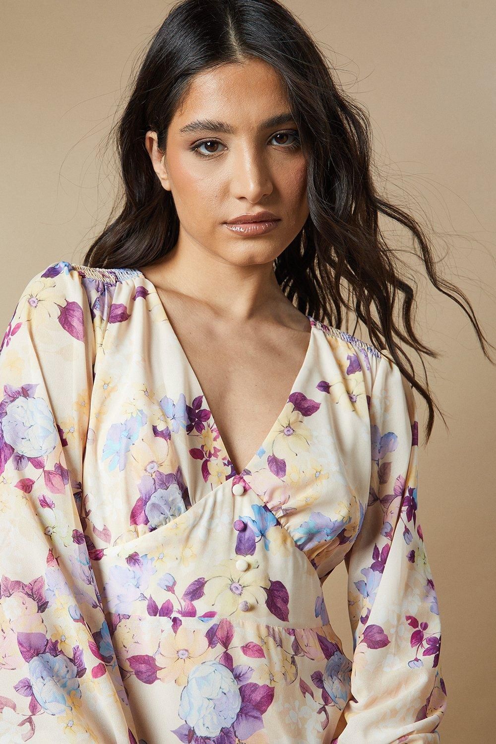 Oasis Floral Button Long Sleeve Midi Dress Cream image 4