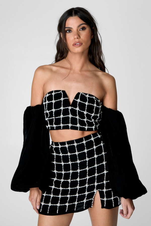 NastyGal Pearl Embellished Velvet Bardot Top Black